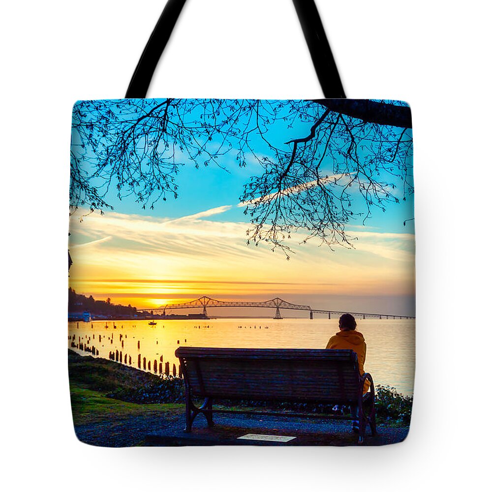 Bridge Tote Bag featuring the photograph Astoria Bridge Oregon at sunset by Tatiana Travelways