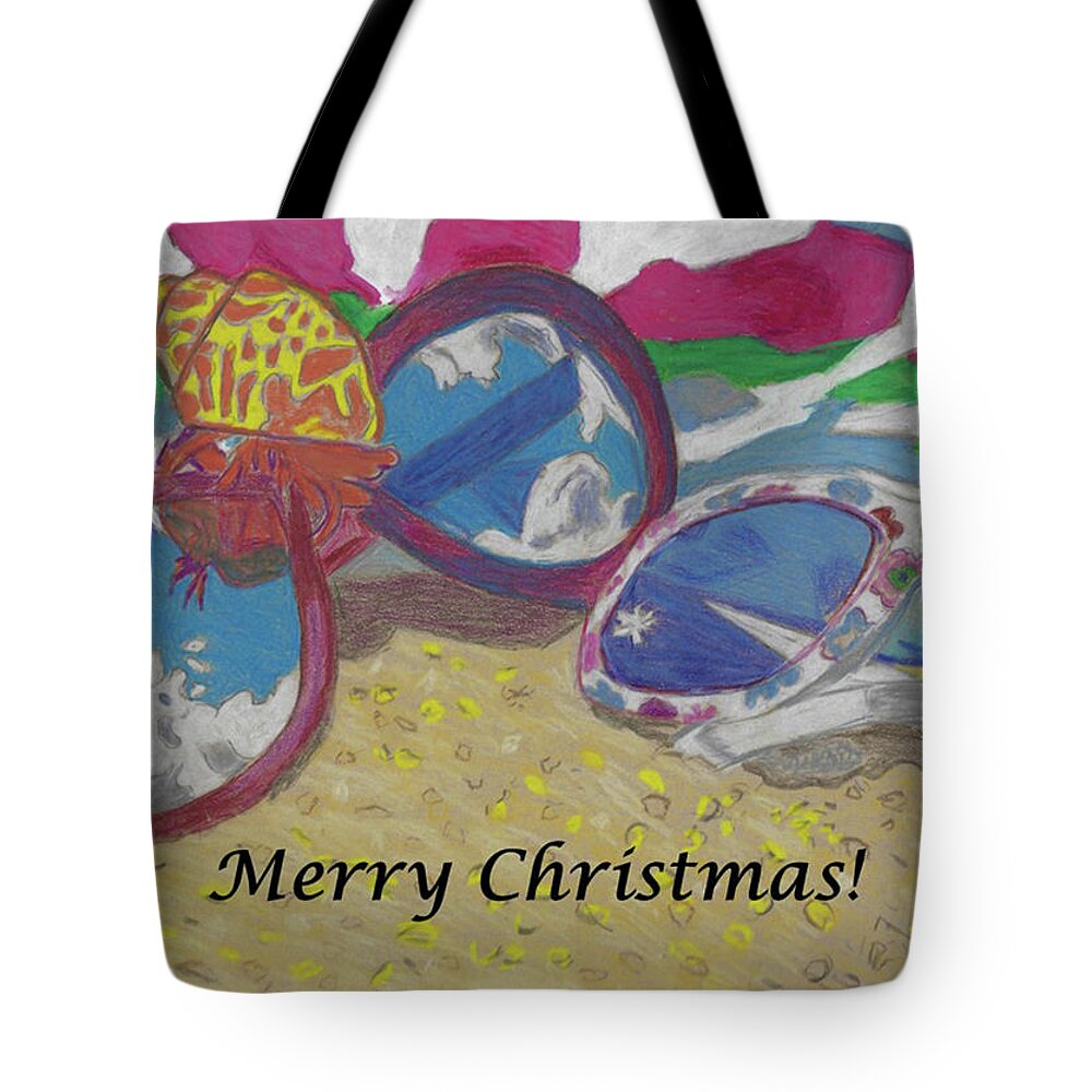Beach Tote Bag featuring the mixed media At the Beach Christmas Sunglasses Lying on the Sand with a Hermit Crab and Beach Towel with Text by Ali Baucom