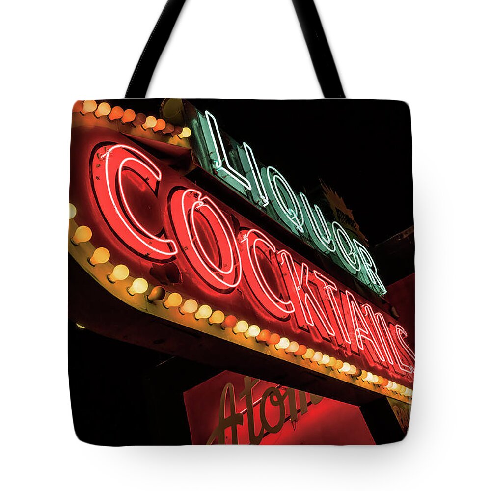 Atomic Liquor Neon Sign Tote Bag featuring the photograph Atomic Liquor Coctails Neon Sign Fremont Street at Night by Aloha Art
