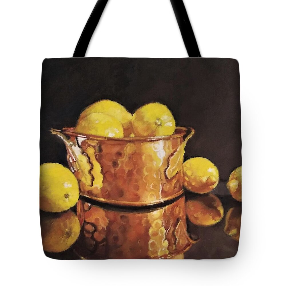 Copper Pot Tote Bag featuring the painting Atomic Number 29 With Lemons by Jean Cormier