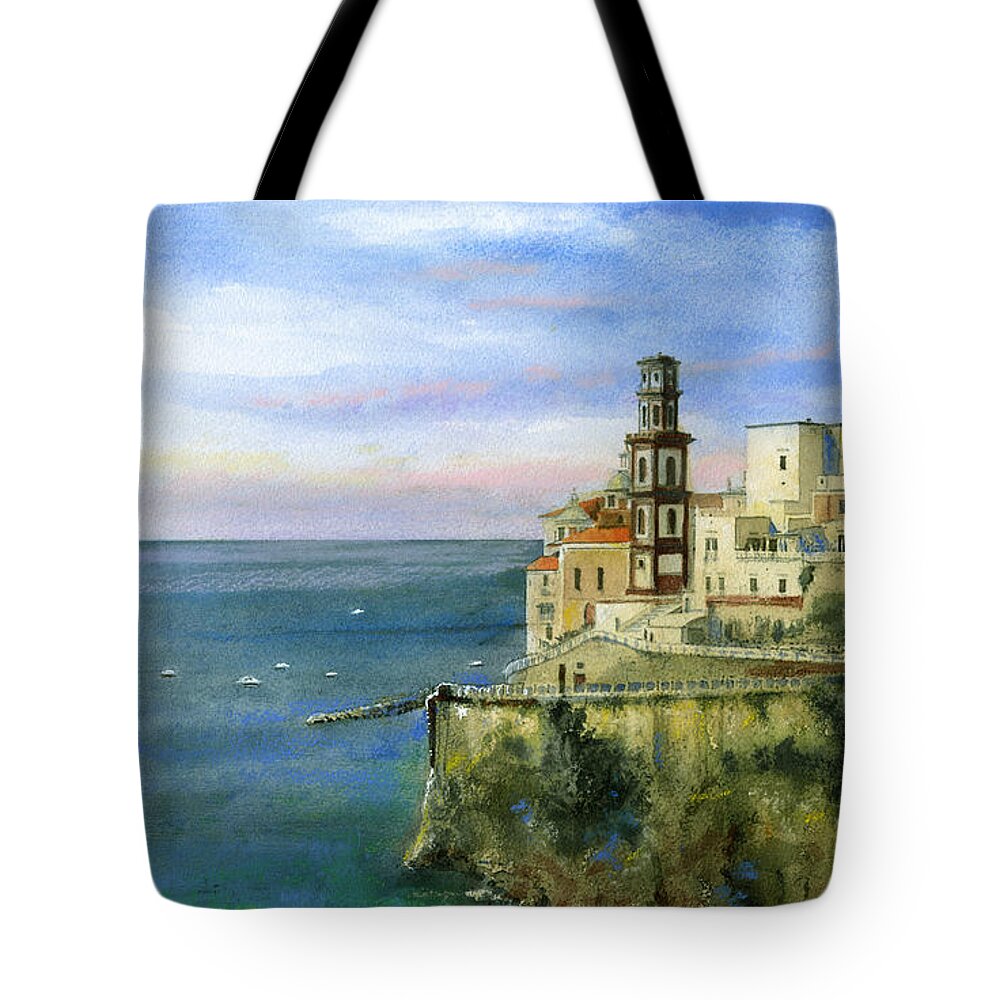 Landscape Tote Bag featuring the painting Atrani Sunset by Andrew King