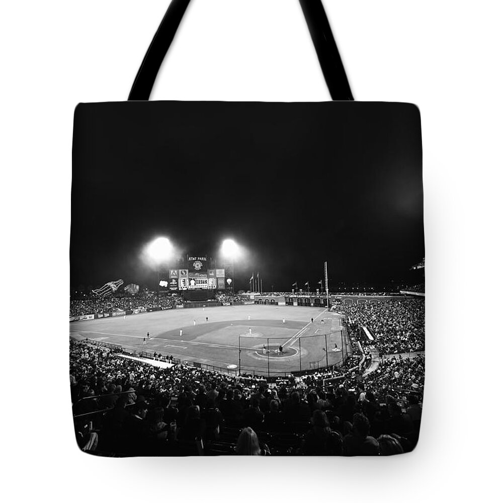 San Francisco Tote Bag featuring the photograph ATT Park B-W Night Game by Paul Plaine