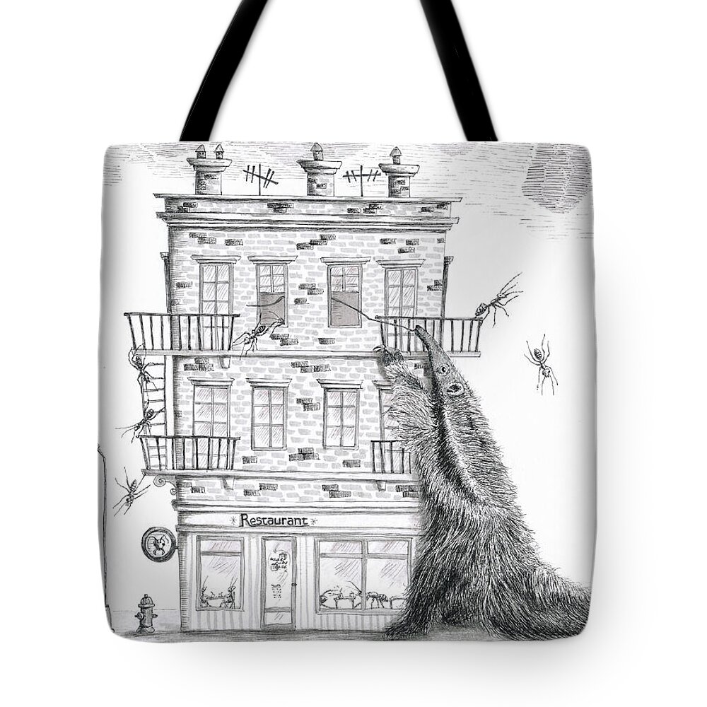 Anteater Tote Bag featuring the drawing Attack of the Giant Anteater by Marie Stone-van Vuuren