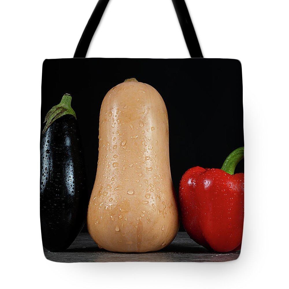 Bell Pepper Tote Bag featuring the photograph Aubergine, Pumpkin and Bell Pepper by Bernhard Schaffer