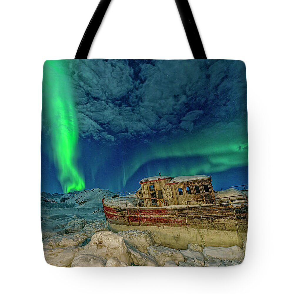 00648338 Tote Bag featuring the photograph Aurora Borealis and Boat by Shane P White
