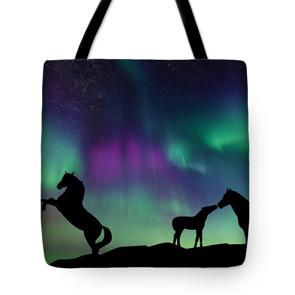Picture Tote Bag featuring the digital art Aurora Horses by Larah McElroy
