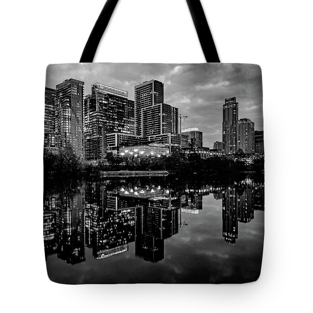Austin Tote Bag featuring the photograph Austin City Lights Black and White by Jerry Connally