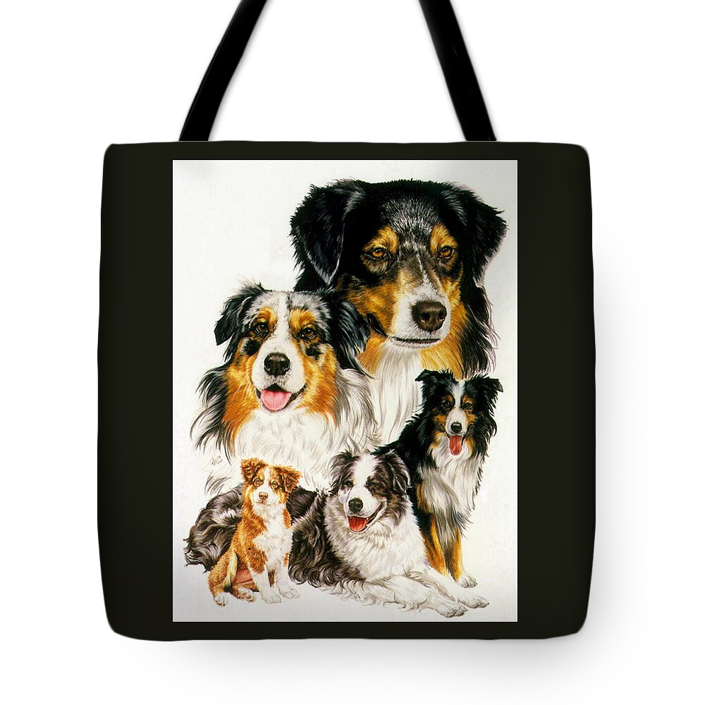 Purebred Tote Bag featuring the drawing Australian Shepherd Collage by Barbara Keith
