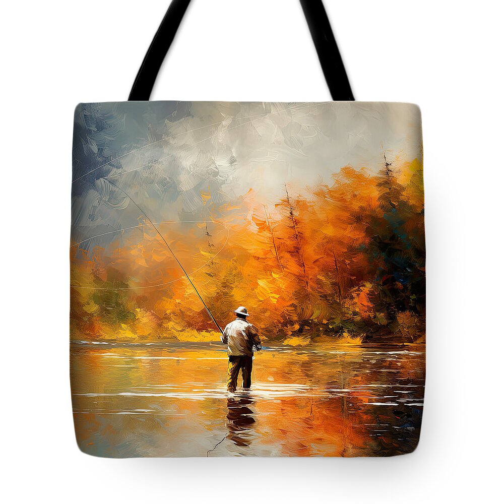 Fly Fishing Tote Bag featuring the digital art Autumn Angler - A Vibrant Impressionist Painting of a Man Fly Fishing on a Lake by Lourry Legarde