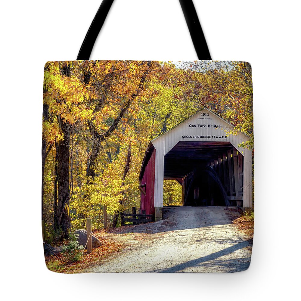 Parke County Tote Bag featuring the photograph Autumn at Cox Ford Covered Bridge by Susan Rissi Tregoning
