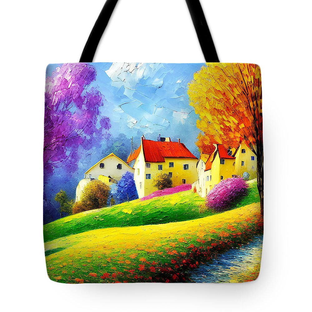 Wingsdomain Tote Bag featuring the mixed media Autumn Comes To The Countryside Village On The Hill 20221116f by Wingsdomain Art and Photography