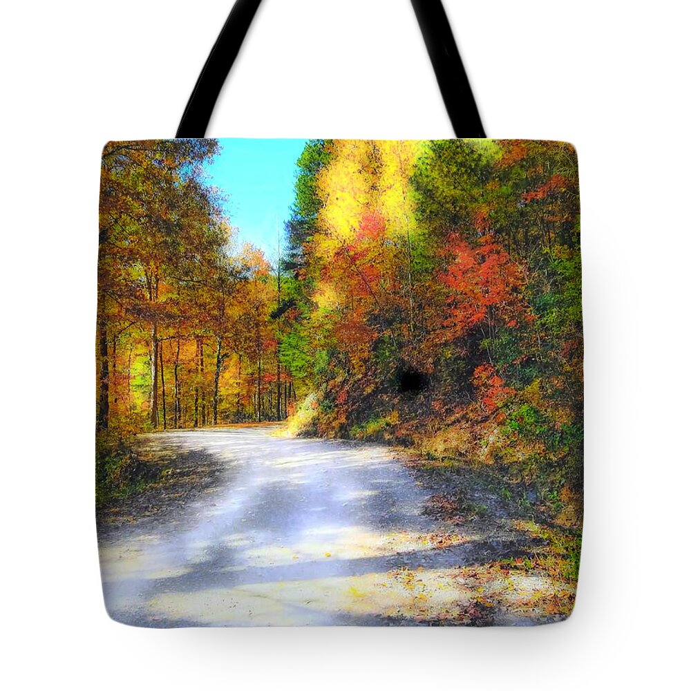 Autumn Tote Bag featuring the digital art Autumn Country Road by Rachel Hannah