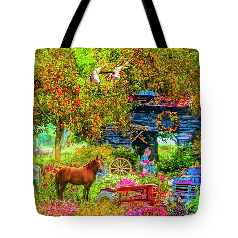 Barns Tote Bag featuring the digital art Autumn Garden on the Farm by Debra and Dave Vanderlaan