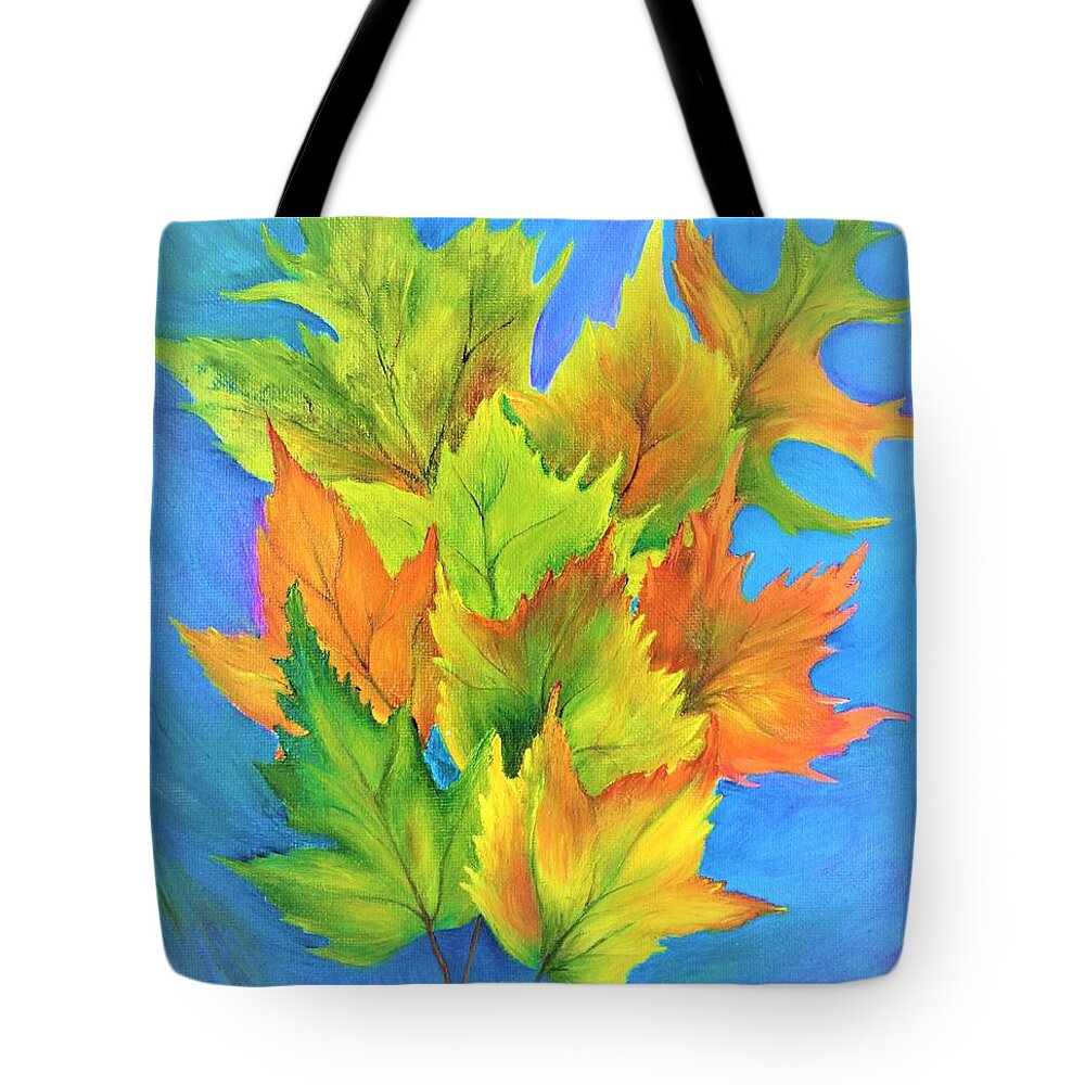 Wall Art Home Decor Autumn Leaves Yellow Leaves Yellow And Blue Oil Painting Gift Autumn Art Original Oil Painting Art Gallery Wall Decoration Tote Bag featuring the painting Autumn Leaves by Tanya Harr