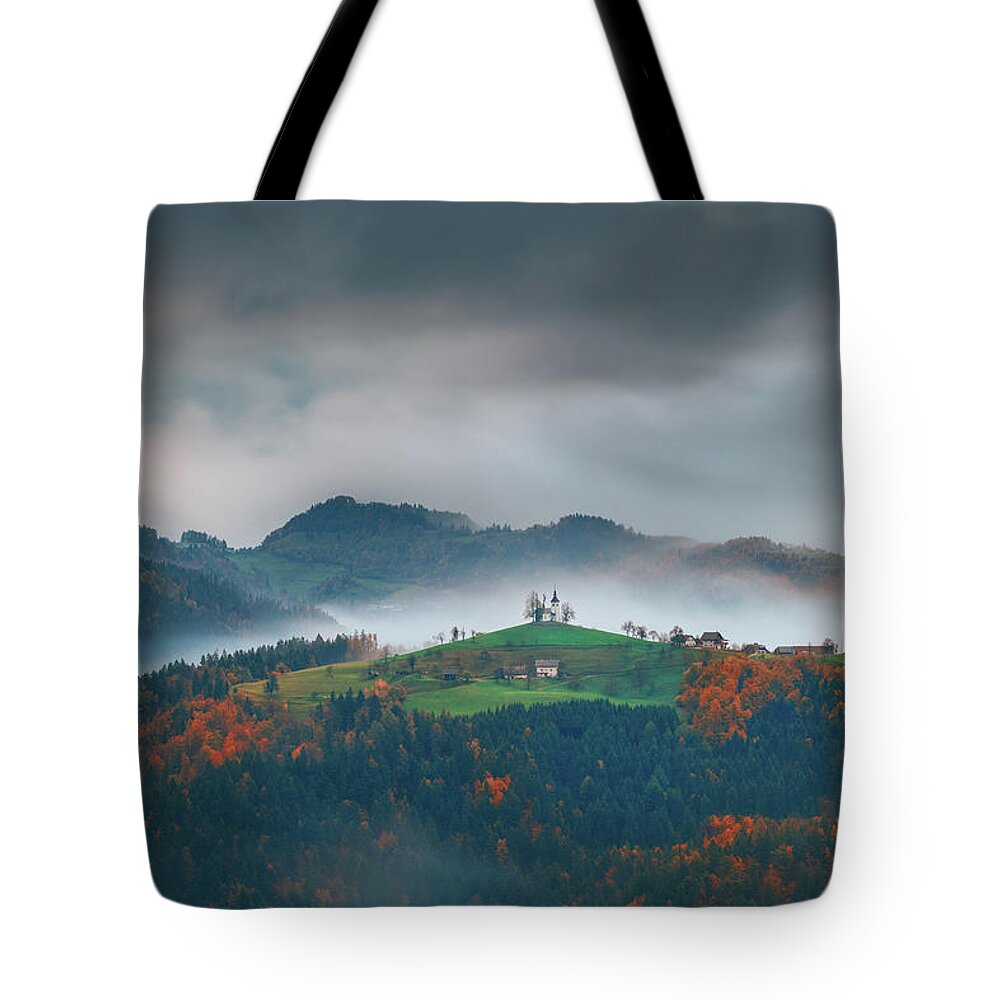 Church Tote Bag featuring the photograph Autumn morning at slovenia by Henry w Liu