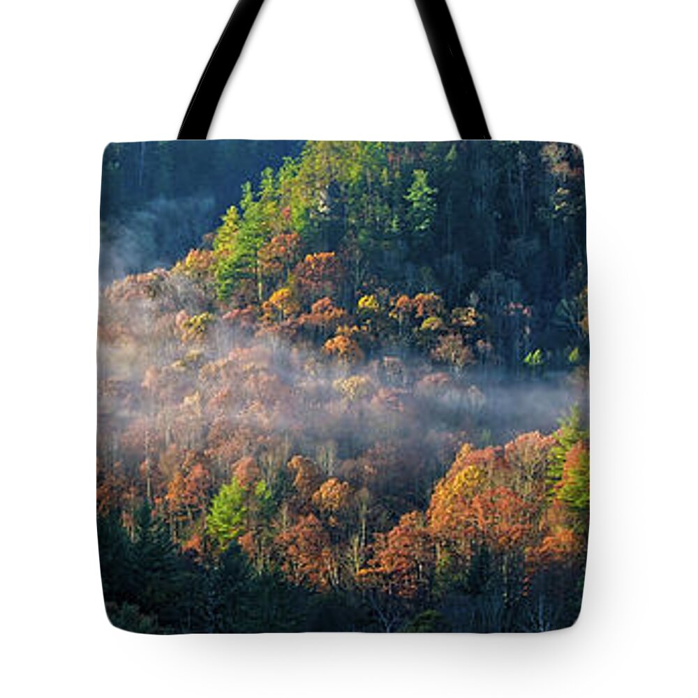 Autumn Tote Bag featuring the photograph Autumn Morning Mist by Monroe Payne