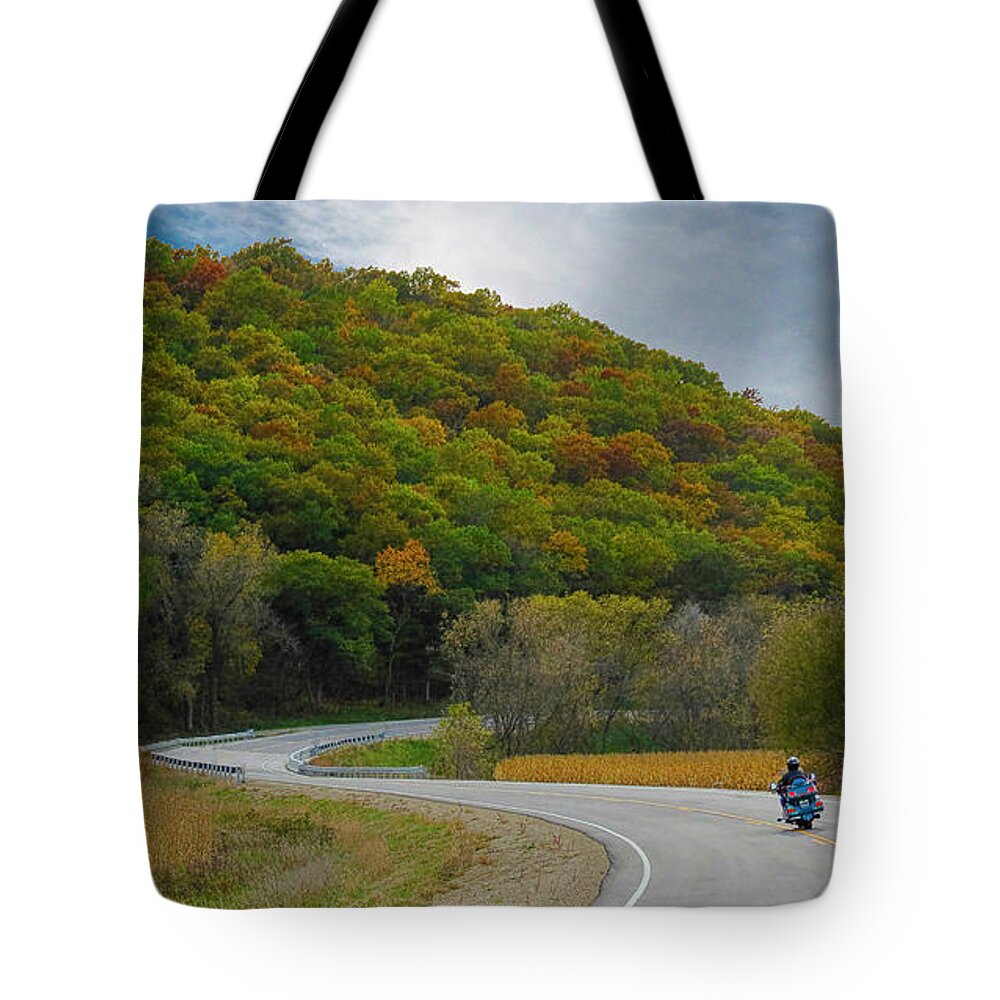 Autumn Tote Bag featuring the photograph Autumn Motorcycle Rider / Blue by Patti Deters