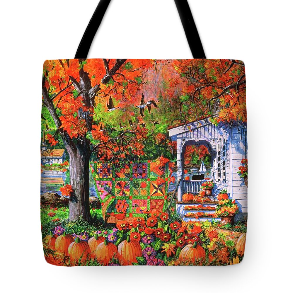 Autumn Landscape With Autumn Patchwork Quilt Tote Bag featuring the painting Autumn Patchwork Quilt by Diane Phalen