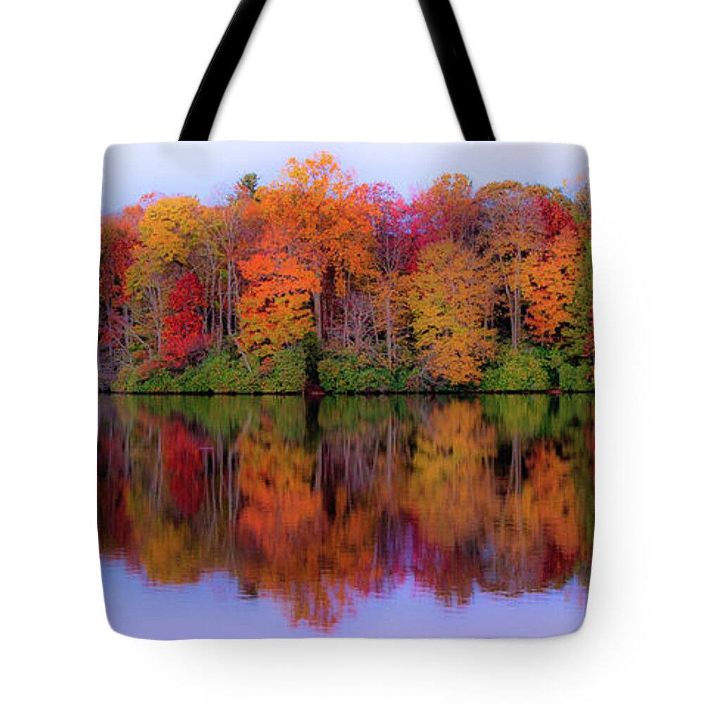 Fall Tote Bag featuring the photograph Autumn Price Lake Fall Sunrise Panorama by Dan Carmichael