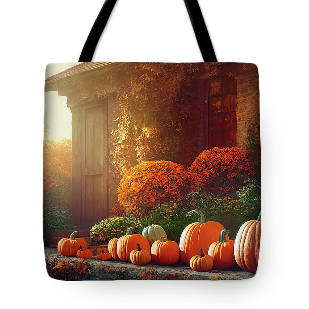 Thanksgiving Tote Bag featuring the digital art Autumn pumpkins decoration in home garden. Traditional thanksgiv by Jelena Jovanovic