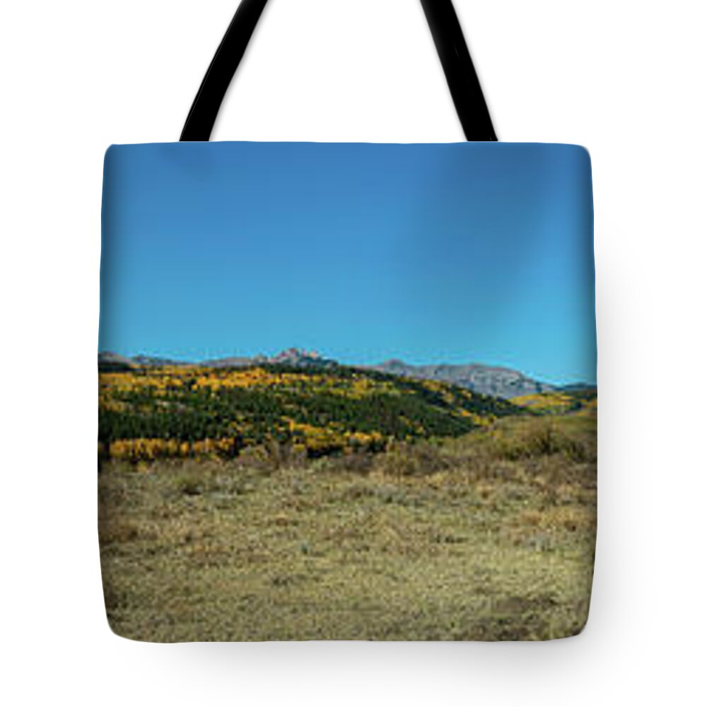 Aspens Tote Bag featuring the photograph Autumn Rocky Mountain Ranch Panorama 2 by Ron Long Ltd Photography
