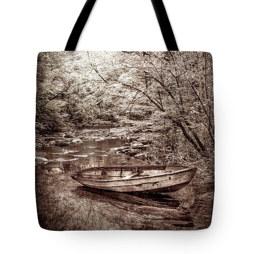 Boats Tote Bag featuring the photograph Autumn River in Vintage Sepia by Debra and Dave Vanderlaan