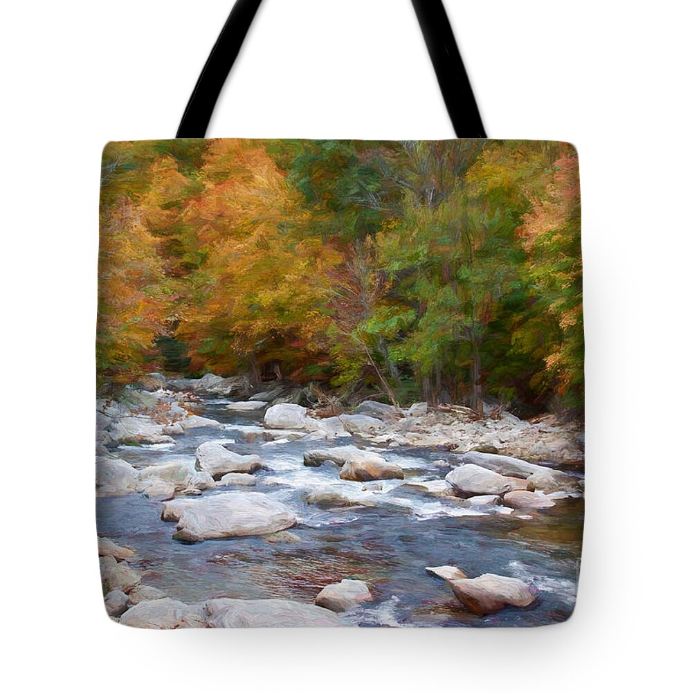 Autumn River Tote Bag featuring the digital art Autumn River by Jayne Carney