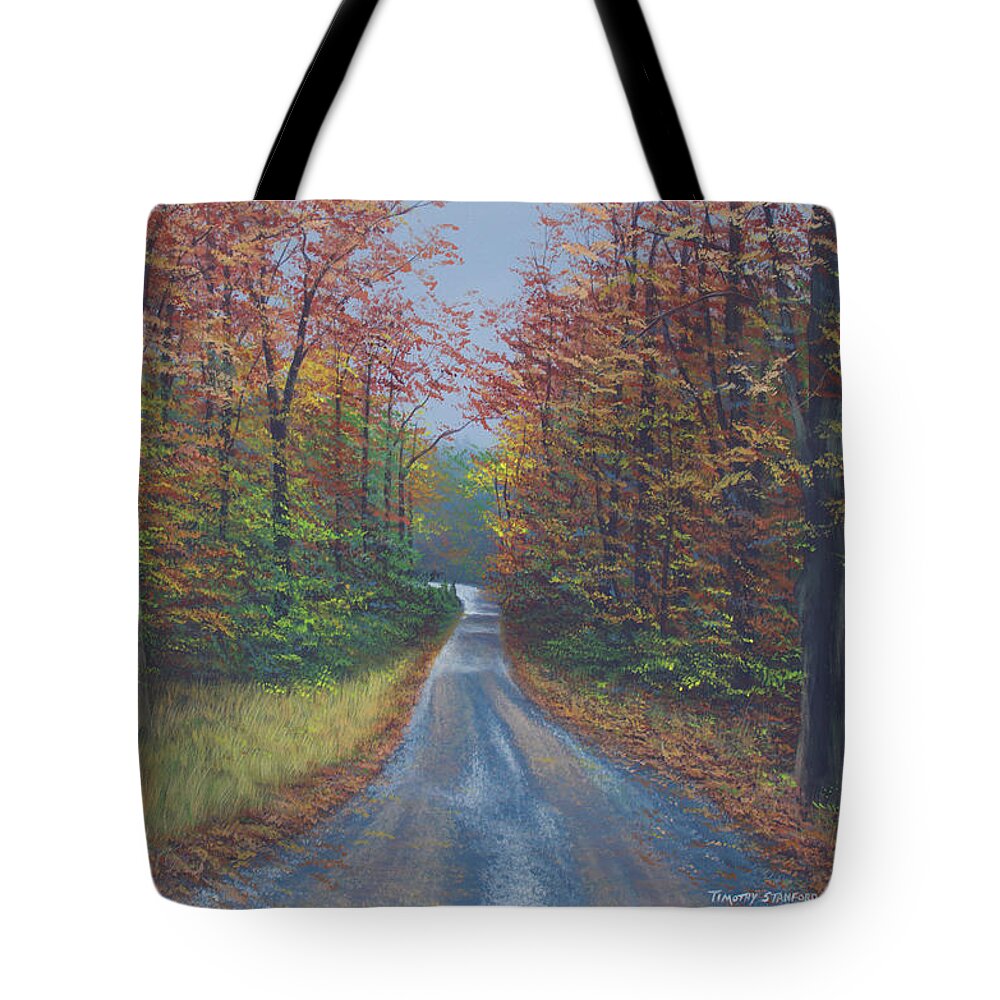Landscape Tote Bag featuring the painting Autumn Road by Timothy Stanford