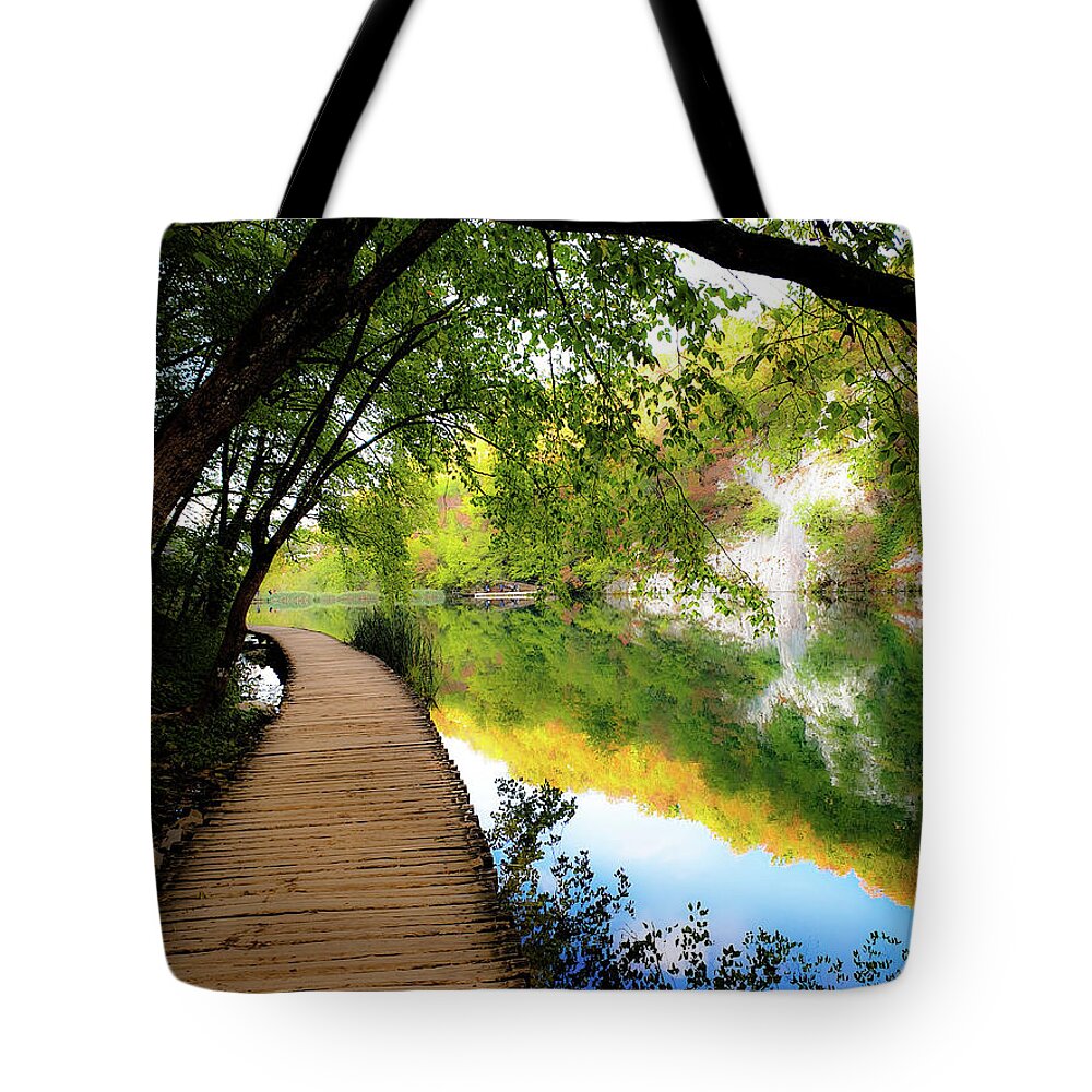 Trail Tote Bag featuring the photograph Autumn Stroll by Andrea Whitaker