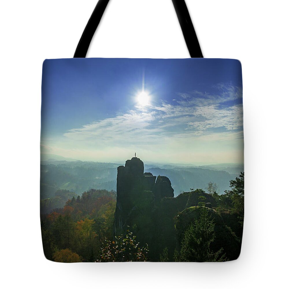 Saxon Switzerland Tote Bag featuring the photograph Autumn sunrise in the Elbe Sandstone Mountains by Sun Travels