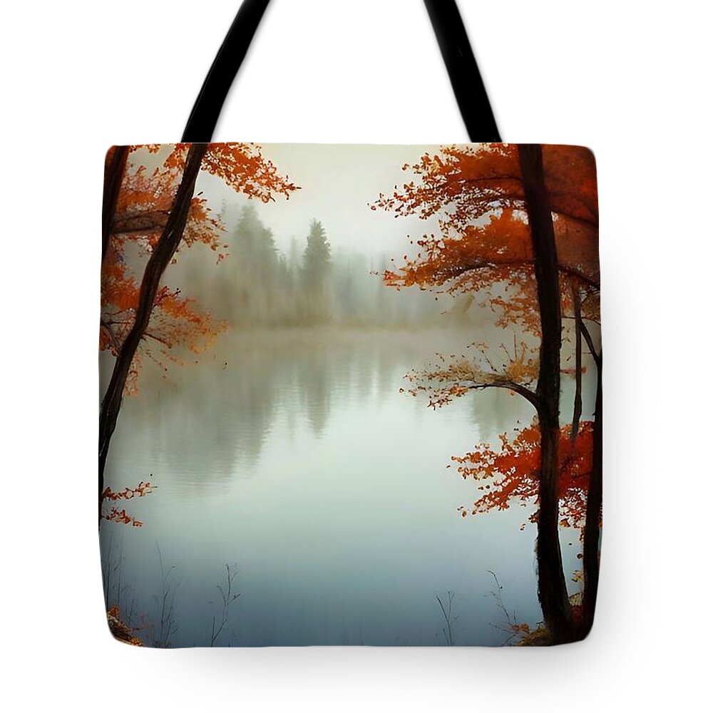 Waterscape Tote Bag featuring the painting Autumn View - beautiful Fall waterscape by Bonnie Bruno