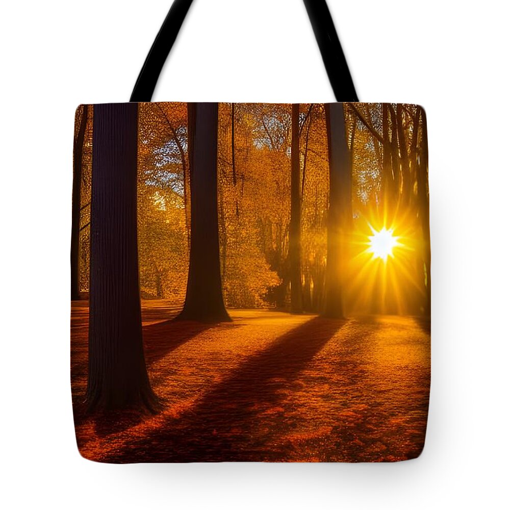 Sunset Tote Bag featuring the digital art Autumn Woods Sunset by Katrina Gunn