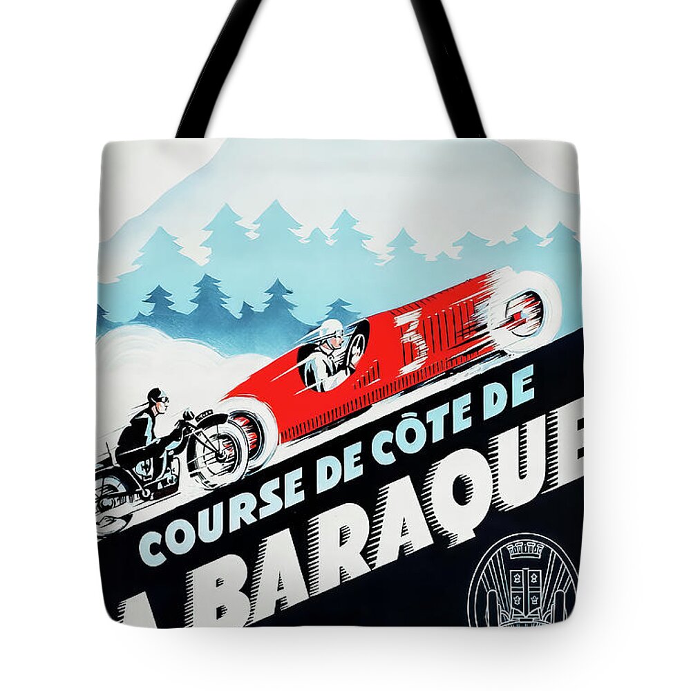 Auvergne Tote Bag featuring the drawing Auvergne France 1931 Auto Race by M G Whittingham