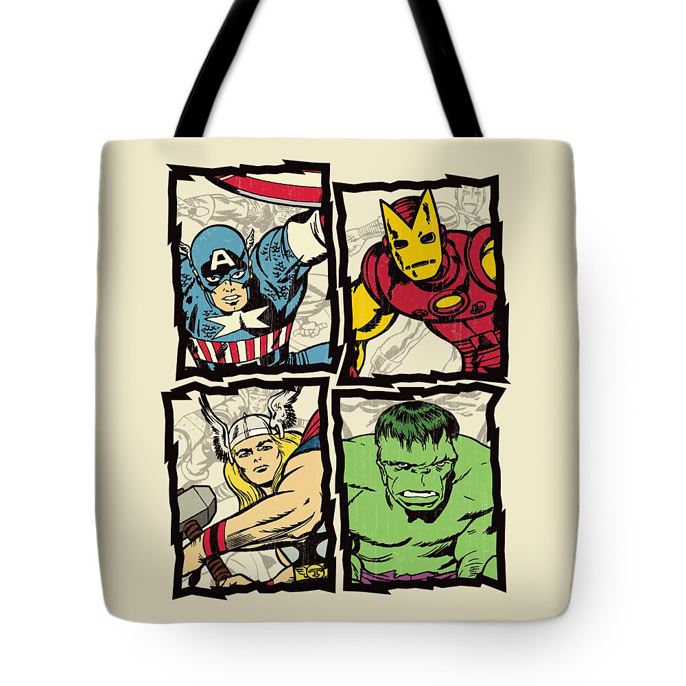 Avengers Tote Bag featuring the digital art Avengers Silver Age Quad - Distressed by Edward Draganski