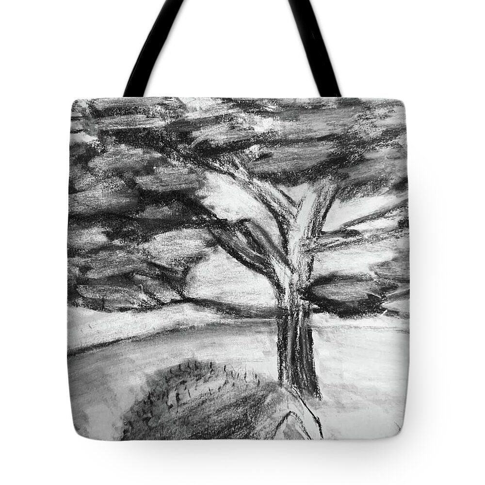 Charcoal Tote Bag featuring the drawing Away From The Noise by Lisa White