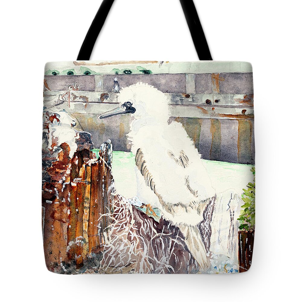 Blue-footed Booby Tote Bag featuring the painting Baby Booby by Barbara F Johnson