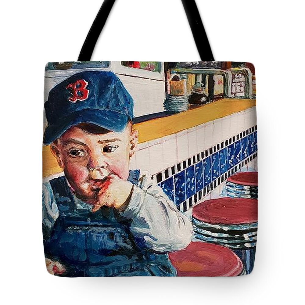 Boston Tote Bag featuring the painting Baby Boston Baseball Booster by Merana Cadorette
