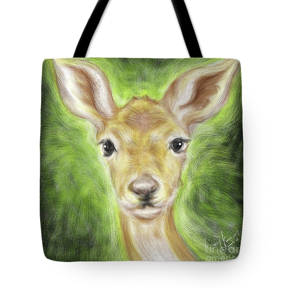 Deer Tote Bag featuring the painting Baby Deer Face by Remy Francis