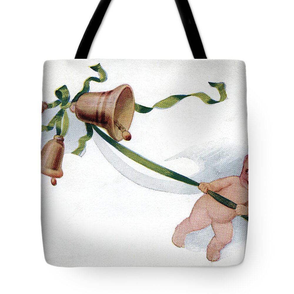 New Tote Bag featuring the digital art Baby New Year pulling bells by Pete Klinger