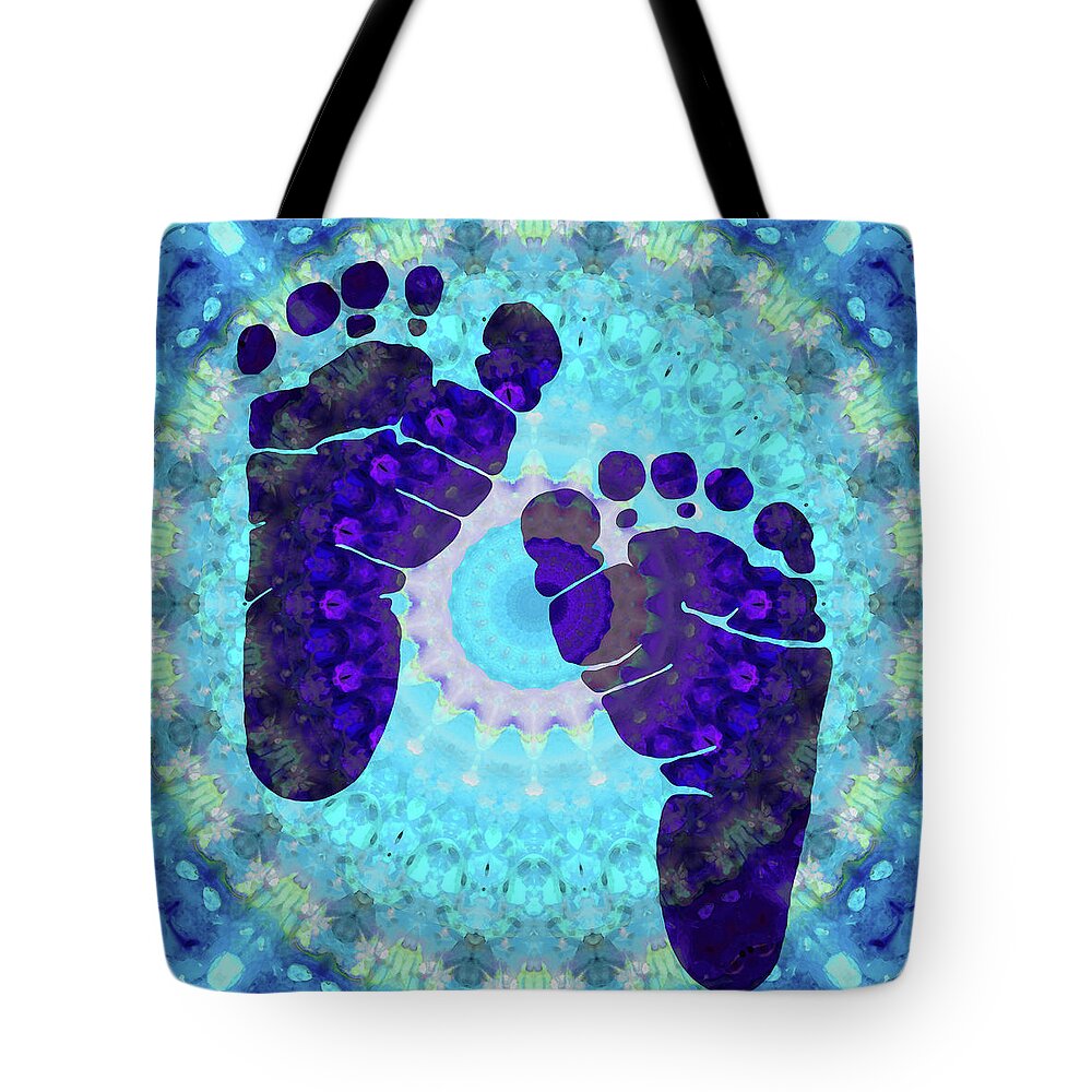 Blue Tote Bag featuring the painting Baby Steps 1 - Blue Feet Art - Sharon Cummings by Sharon Cummings