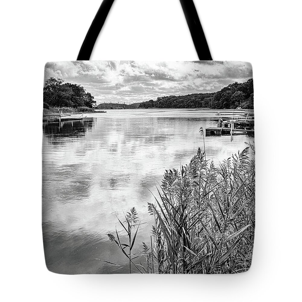 Salt Marsh Tote Bag featuring the photograph Backwater Reflections Black and White by Marianne Campolongo
