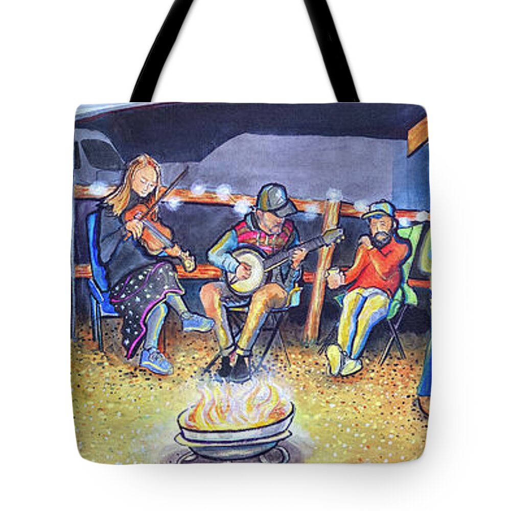 Alma Tote Bag featuring the painting Backyard Jam with Shakey Hand String Band and Local Folk Almafest by David Sockrider