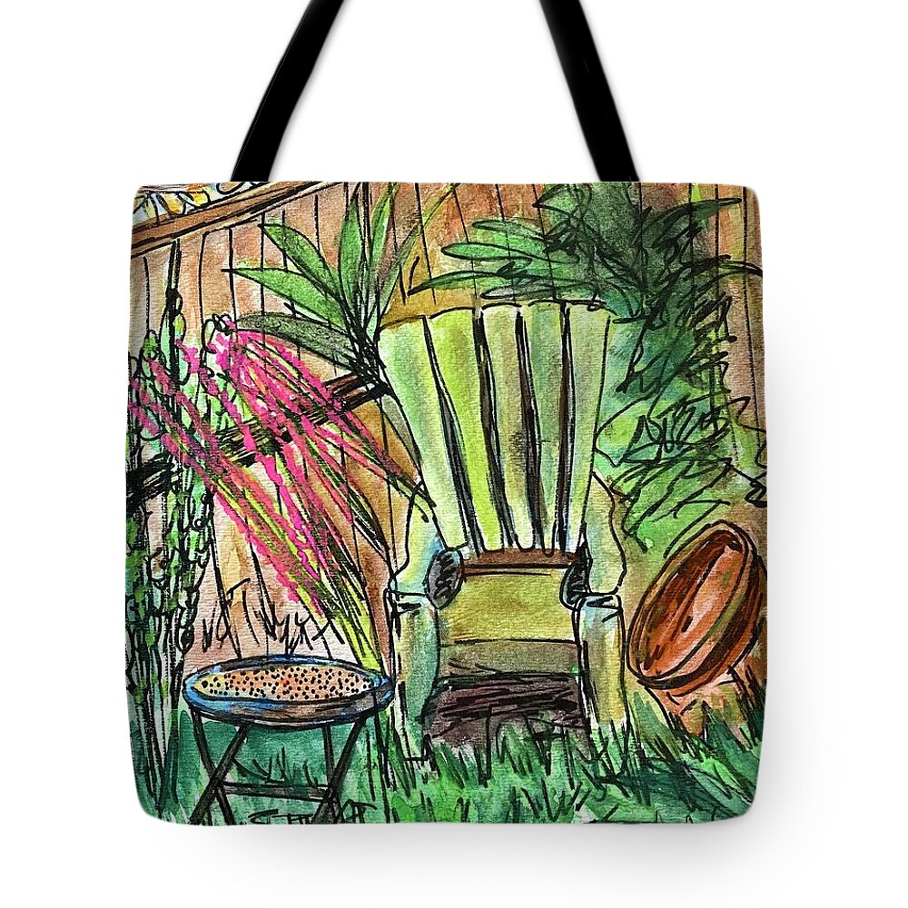 Backyard Tote Bag featuring the painting Backyard Vacation by Dottie Visker
