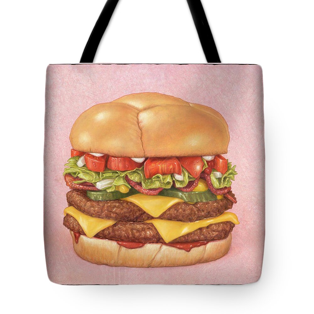 Burger Tote Bag featuring the painting Bacon Double Cheeseburger by James W Johnson