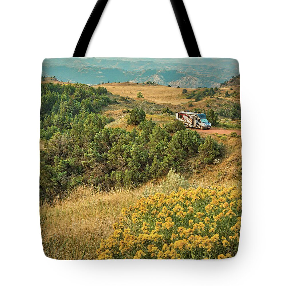 Camping Tote Bag featuring the photograph Badlands Boondocking by Jurgen Lorenzen
