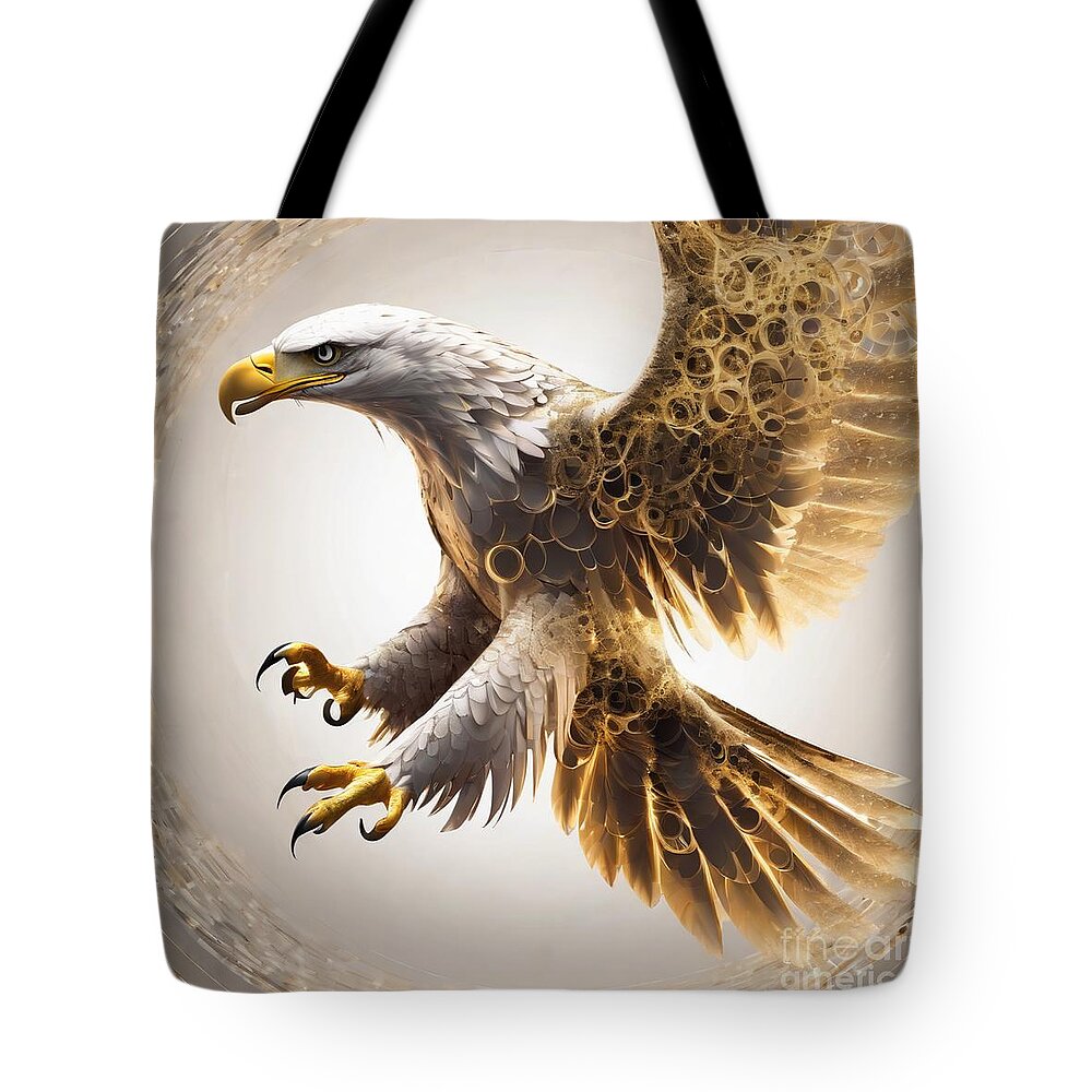 Bald Eagle Tote Bag featuring the digital art Bald eagle Liqud Gold by Debra Miller