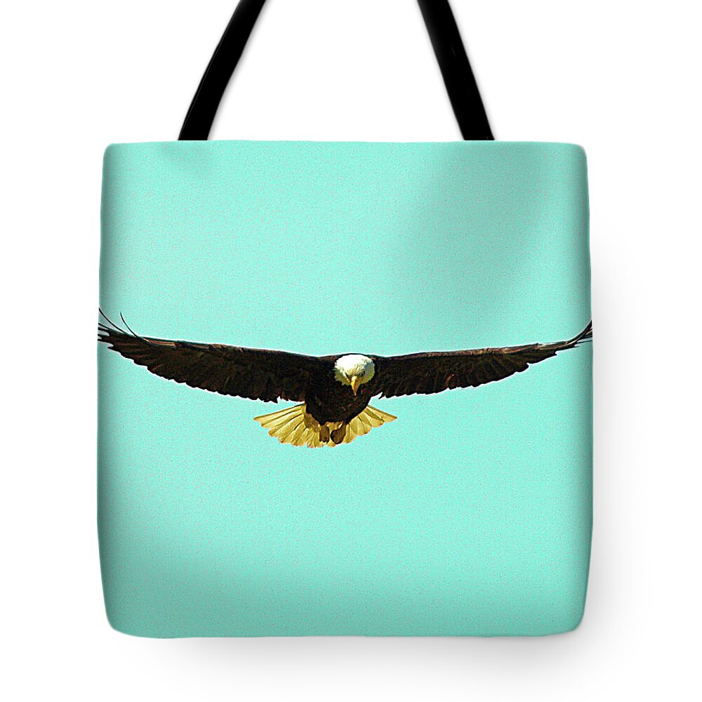 America Tote Bag featuring the photograph Bald Eagle On Bright Sky by David Desautel