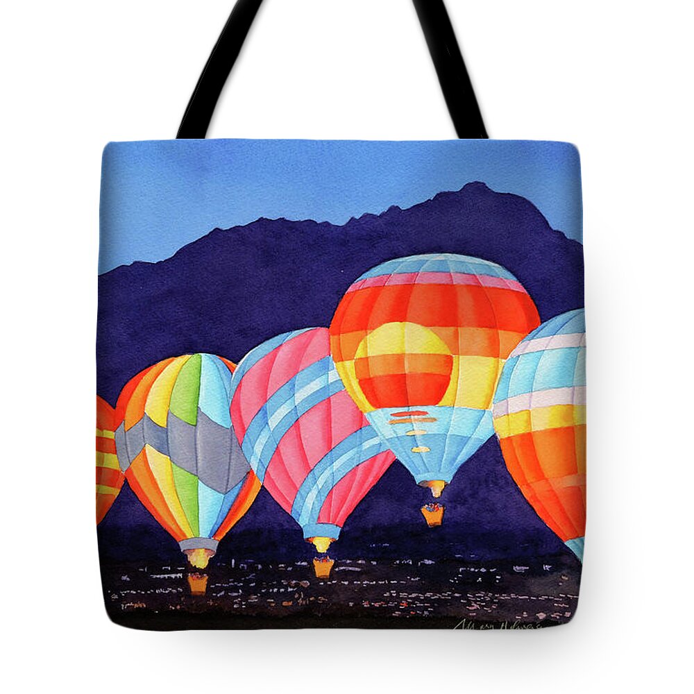 Balloons Tote Bag featuring the painting Balloons over Palm Springs at Night by Mary Helmreich