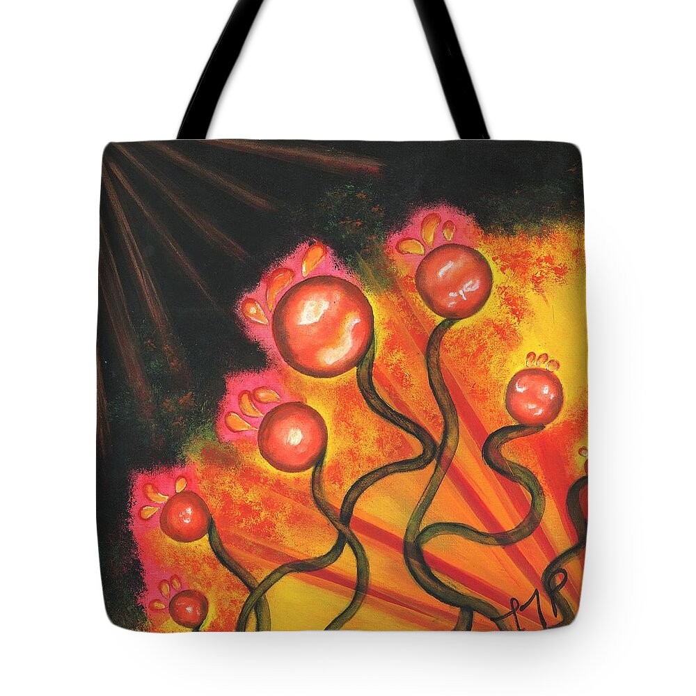 Red Tote Bag featuring the painting Balls and Bulbs by Esoteric Gardens KN