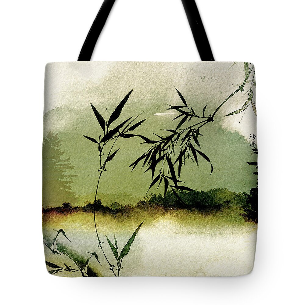 Sunsets Tote Bag featuring the mixed media Bamboo Sunsset by Colleen Taylor